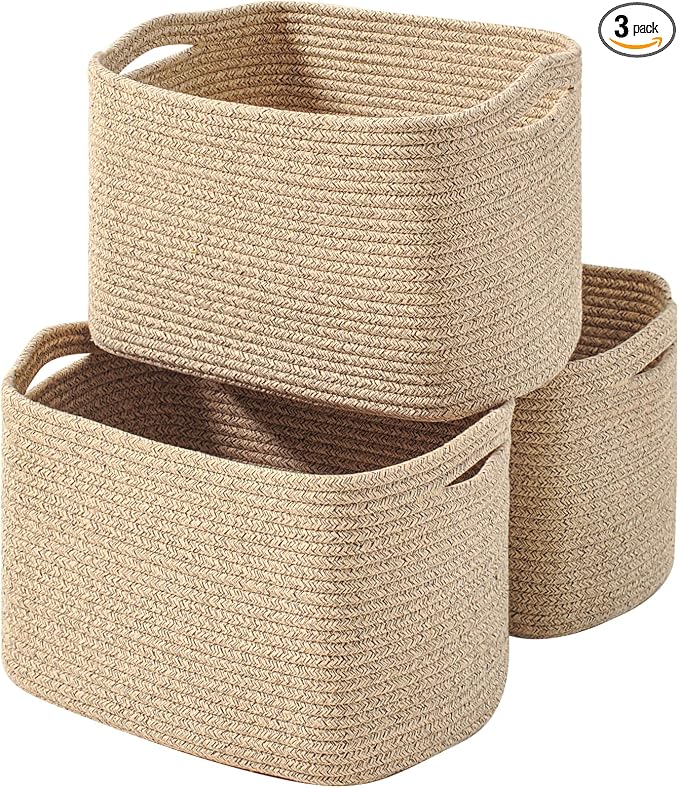 ICERZCZ Decorative Storage Baskets for Organizing Shelves, Toy Basket for Nursery, Woven Cotton Rope Baskets for Decor, Towel Basket for Bathroom, 15"x11"x9.5", 3 Packs, Brown by ICERZCZ
