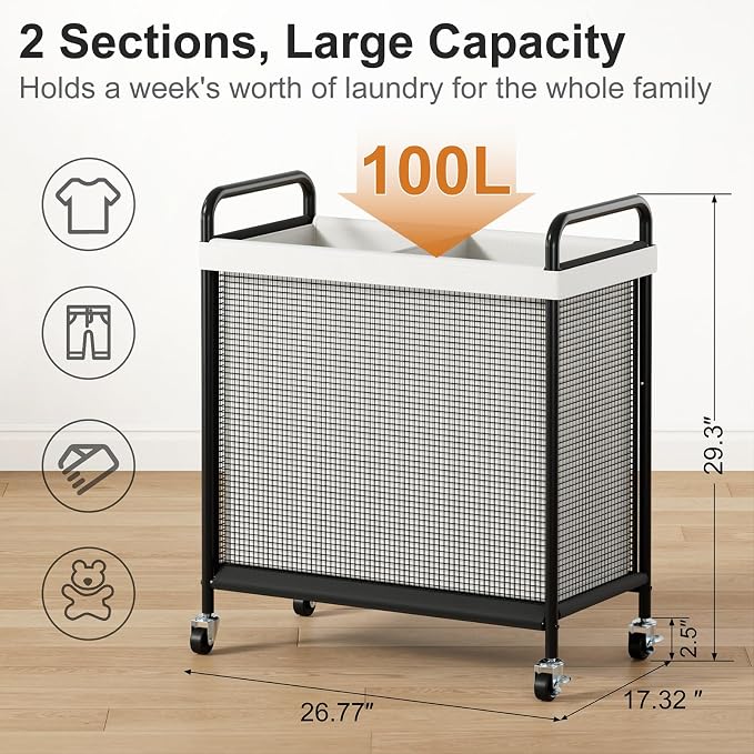 WOWLIVE Rolling Laundry Hamper 2 Section, 100L Laundry Basket with Wheels | Double Laundry Sorter with Metal Handle and Removable Bag, Large Clothes Hamper for Laundry Room, Bathroom and Dorm, Beige - Image 2