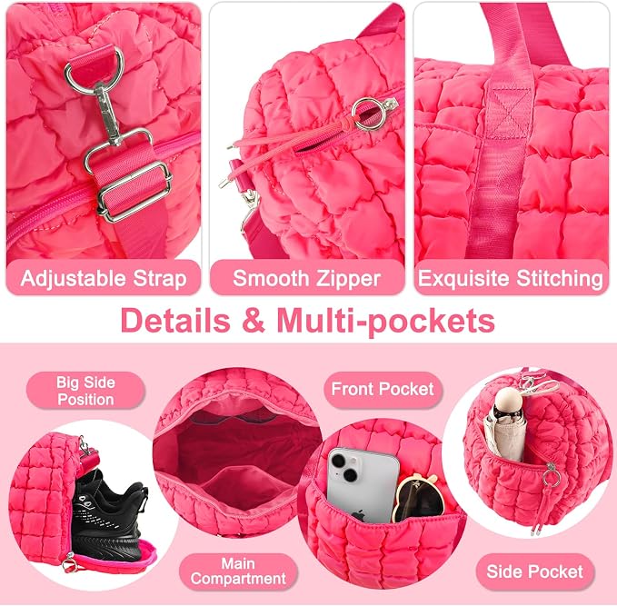 Quilted Travel Duffle Bag Gym Bag for Women,Large Puffer Duffle Weekender Bag with Compartment,Workout Overnight Carry on Organizer Bag Duffle Bag for Airplane Travel(L-Rosered) - Image 3