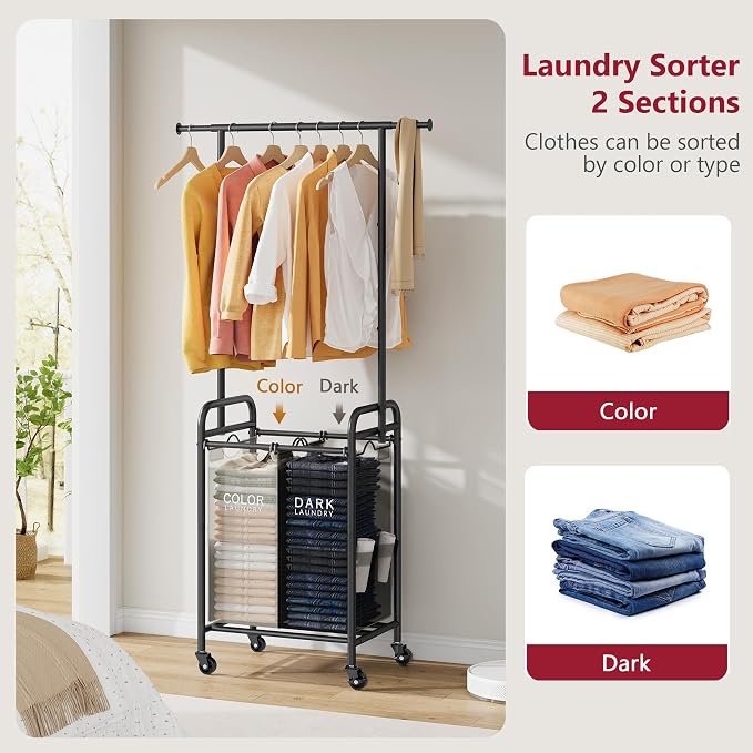Laundry Sorter with Hanging Bar, 2 Bag laundry cart, Black & Gray | 2 Section Laundry Hamper with Lockable Wheels and Removable Bag, Laundry Cart with Hanging Rack for Laundry Room, Bathroom - Image 4