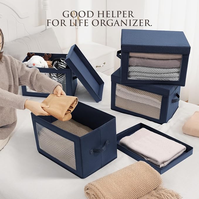 Stackable Storage Bins with Lids - Medium Storage Box with Lids, Foldable Closet Boxes for Organizing, Wardrobe Clothes Organizer with Window, Cubes Bins for Living Room, 5 Pack, Navy Blue - Image 3