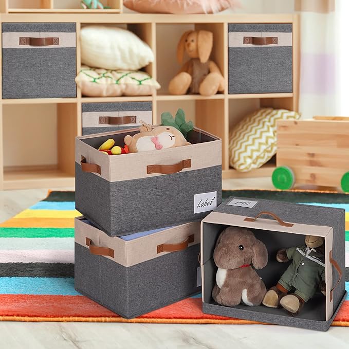 GhvyenntteS Large Storage Bins with Lids 6 Pack, Large Closet Storage Bin with Lid and 3 PU Handles, Foldable Fabric Storage Boxes with Label Window for Home Office (Beige, 15" x 11" x 9.7") - Image 6