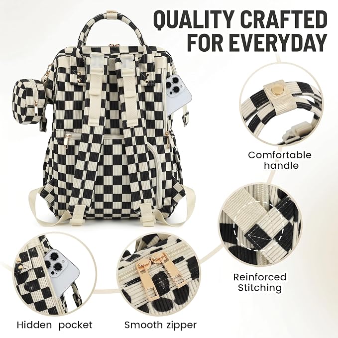 Baby Diaper Bag Backpacks for Mom Dad, Corduroy Large Capacity Multifunction Nappy Bag with Pacifier Case, Baby Travel Essentials Diaper Backpack for Boys Girls - Checkered Black - Image 6