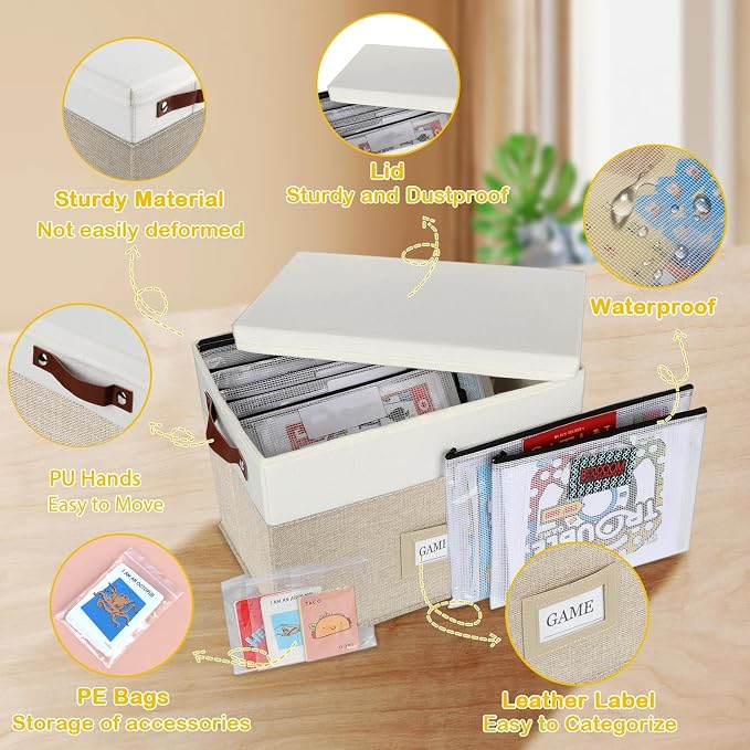 Board Game Storage, Board Game Organizer with 12pcs Zipper Bags and Writable Stickers, Board Organizers Storage with Lid for Office Supplies, Puzzles, Video Game, Craft Product,Beige - Image 3