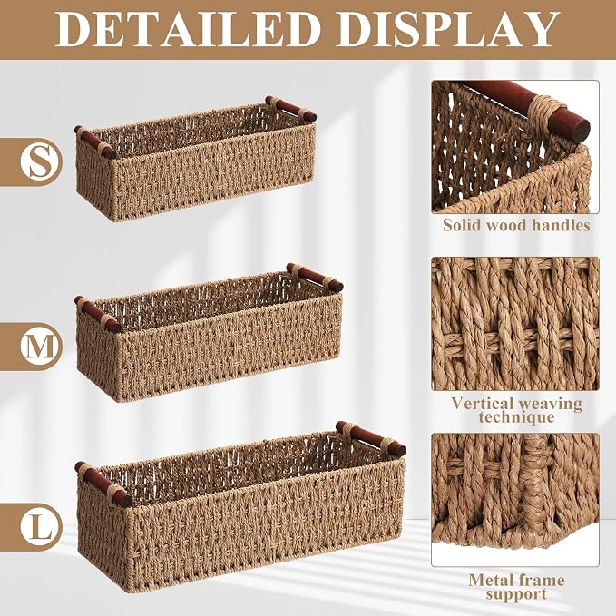 Boao 3 Pcs Boho Storage Wicker Baskets Handmade Woven Decorative Paper Rope Baskets for Organizing with Handle Countertop Toilet Paper Storage Container for Toilet Tank Top(Natural Color,Rectangle) - Image 3