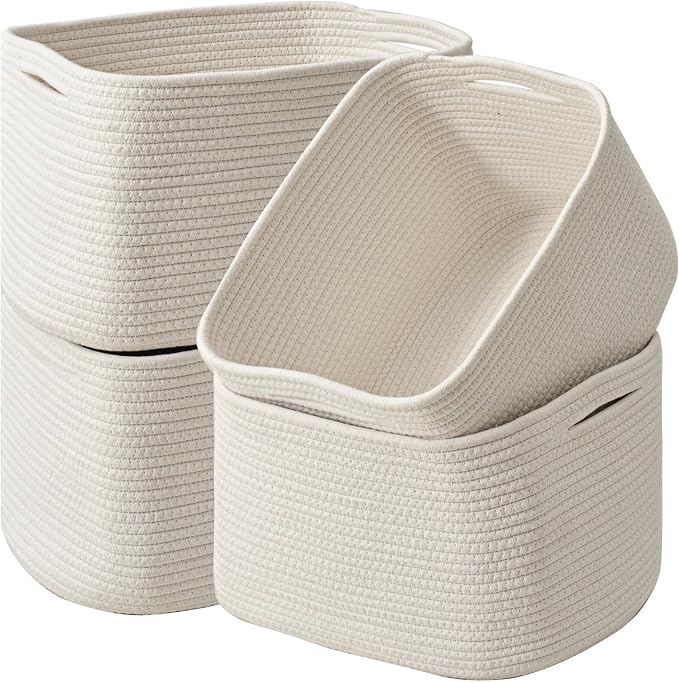 ICERZCZ Storage Baskets for Organizing & Shelves, Woven Cotton Rope Organization Bins for Dog Toys, Clothes, Books, Nursery Organizer, 15"Lx11''Wx9.5''H, (4 Packs) Off White by ICERZCZ