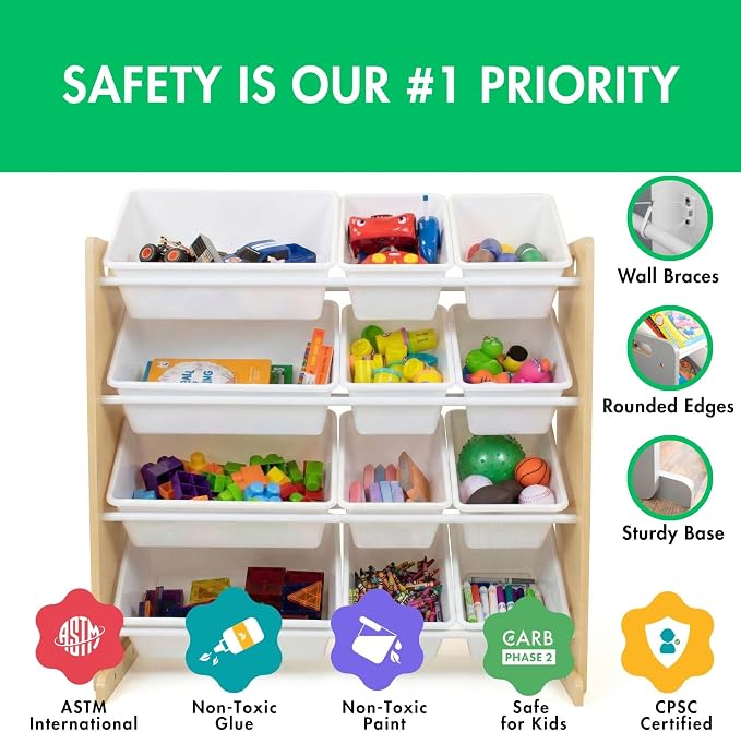 Humble Crew Kids Toy Organizer with 12 Bins, 4 Tier Storage for Playroom | Sturdy wood and steel toddler shelf, removable BPA-free containers, wall anchor anti-tip safety kit for bedroom or classroom - Image 3