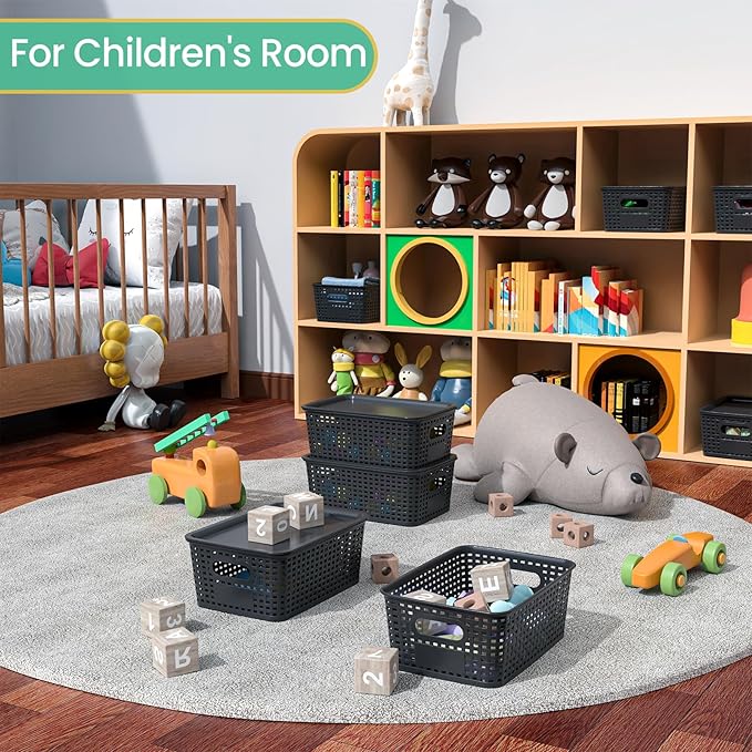 Ohmlove 8 Pack Plastic Storage Baskets with Lids for Organization | Stackable Storage bins, Storages Baskets for Organizing Shelves Drawers Desktop Closet Playroom Classroom Office, Black - Image 5