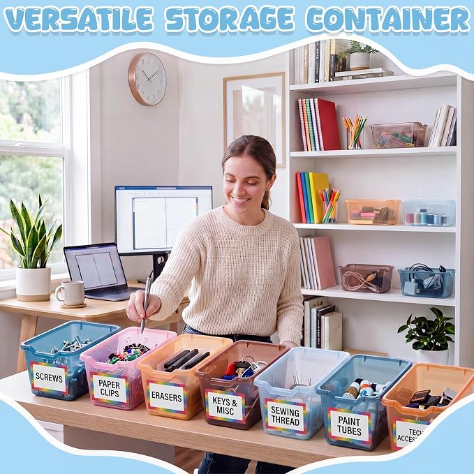 Funrous 48 Pack Plastic Cubby Bins for Classroom, Stackable Storage Bins with Rainbow Labels and Handles Cubby Organizer Containers for Teacher Supplies Home Office Daycare and Playroom (Blue) - Image 6