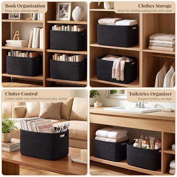 OIASKET 4Packs Natural Cotton Rope Storage Baskets for Organizing Toys, Clothes, Towels & Books, Soft Versatile Organizers for Shelves, Home Decorative Bins, 13''Lx9''Wx7.8''H, Black - Image 5
