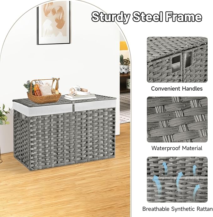 240L Wicker Storage Basket with Lid, Handwoven Rattan Large Shelf Basket with Removable Liner, 63.5 Gallon Wicker Basket for Blanket, Storage Trunk with Handle for Closet, Bedroom, Livingroom, Grey - Image 6