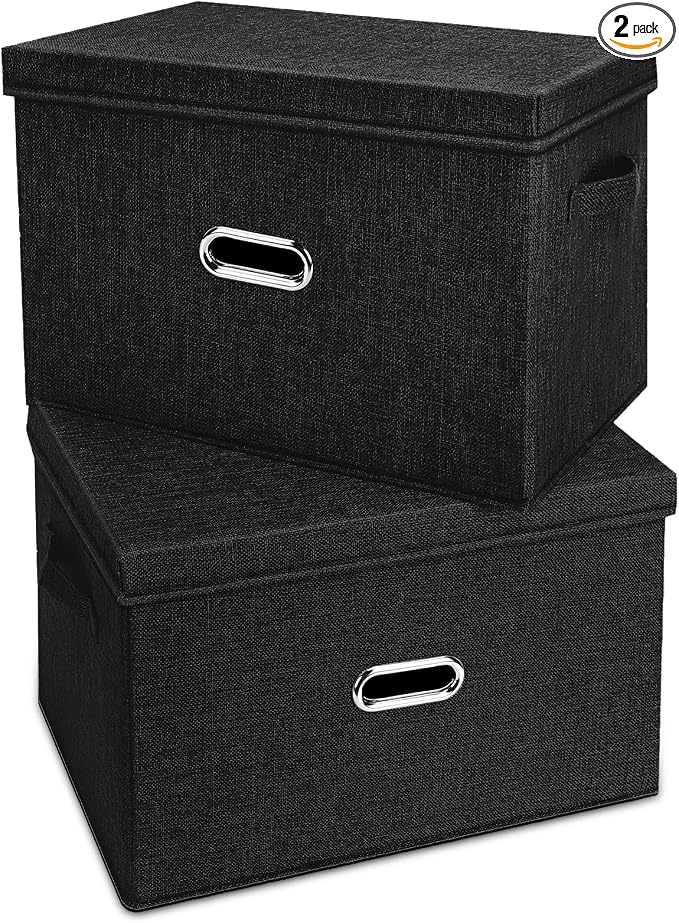 Large Linen Fabric Foldable Storage Bins with Removable Lid and Handles, Washable Storage Box Organizer Containers Baskets Cube with Cover for Bedroom,Office(Black, Small(2-Pack)) by Unknown