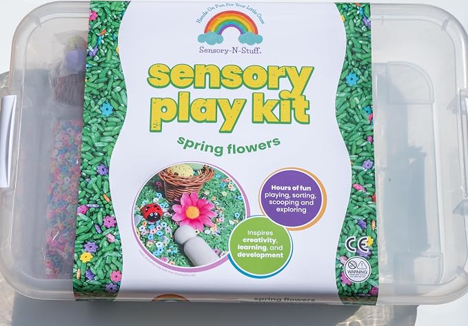 Spring Flower Sensory Bin Kit for Kids | Green Rice, Felt Bees, Wooden Eggs & Ladybugs, Floral Accessories & Wooden Tools – Includes Clear Storage Bin - Image 9