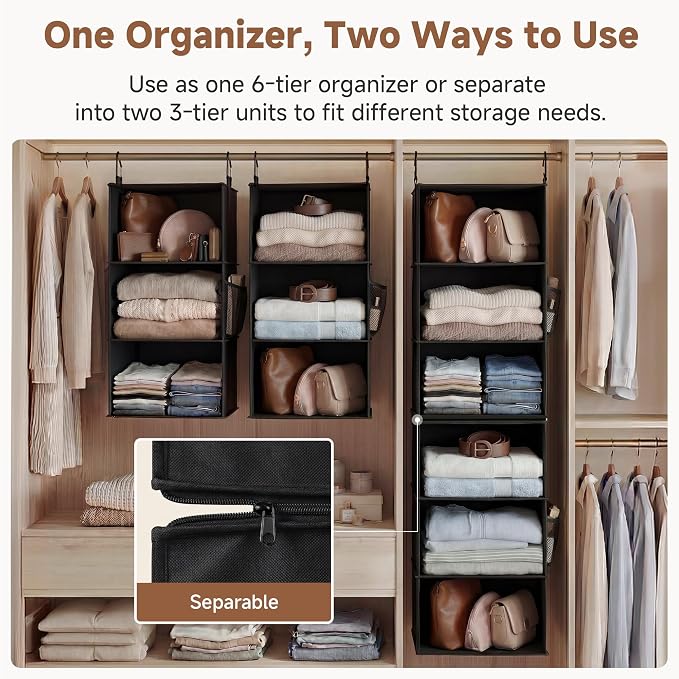 StorageWorks Hanging Closet Organizer 6-Shelf, Separable Two 3 Shelf Closet Storage Organizer with Side Pockets, Portable Hanging Shelves for Clothes, Sweater,12 1⁄2" D x 12 1⁄2" W x 47 ¼"H, Black - Image 4