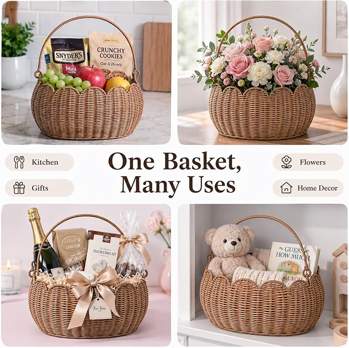 Large Wicker Picnic Basket, Handwoven Garden Harvest Basket for Gathering Vegetables Flowers Fruits, Woven Rattan Style Basket with Handles for Picnic Outdoor Storage Gardening Organization - Image 5