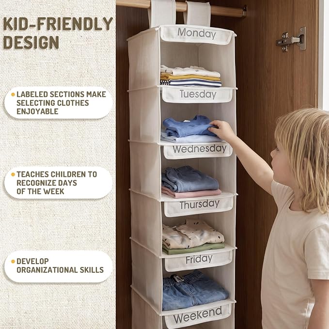 Sintuff 2 Pcs Heavy Duty 6 Shelf Weekly Hanging Closet Organizer for Kids Days of Week Clothing Organization Labeled Monday to Friday Clothes Divider for Weekday Weekend School Outfits - Image 5
