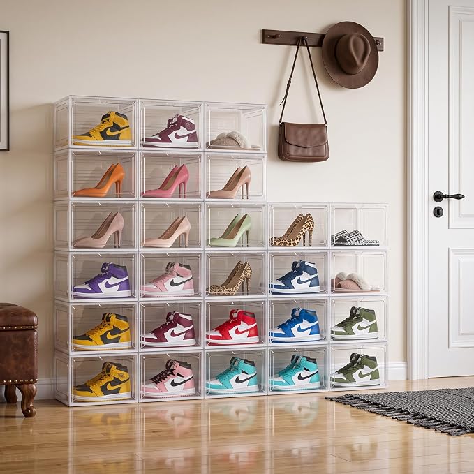 X-Large Clear Stackable Shoe Storage Box 8 Pack, Drop Side Shoe Organizers | Fits US Size 13 Sneakers Storage, Hard Plastic Shoe Containers with Magnetic Drop for Closet Storage and Sneaker Display - Image 7