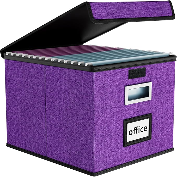 File Organizer Box with Lids, Collapsible File Folder Organizer | File Box with Plastic Slides for Office Document Storage, Filing Bin for Letter Size Hanging File Folders (1 Pack, Purple) by Huolewa