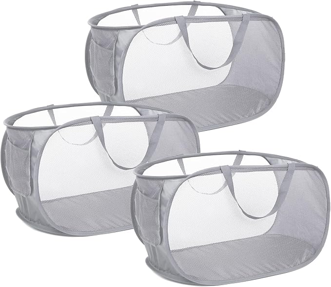 3 Pack Collapsible Laundry Baskets, Foldable Laundry Basket with Pocket, Mesh Pop Up Hampers, Reinforced Handles Dirty Clothes Hamper for Laundry, Bedroom, Bathroom, Dorm, Travel or Camping Grey by Bemkoo