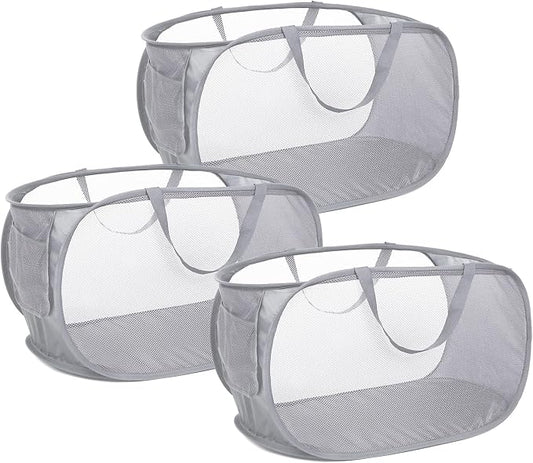 3 Pack Collapsible Laundry Baskets, Foldable Laundry Basket with Pocket, Mesh Pop Up Hampers, Reinforced Handles Dirty Clothes Hamper for Laundry, Bedroom, Bathroom, Dorm, Travel or Camping Grey by Bemkoo