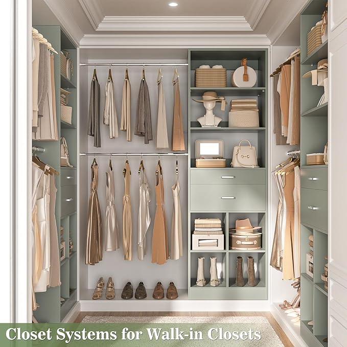 Besiost Closet System, 4-8 FT Closet Organizer Tower with 2 Wooden Drawers and Shelves, Can Fit 60 to 96 inch Walk-in Closet System with 5 Hang Rods, Built-in, Crab Green - Image 7