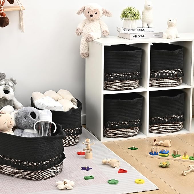 3 Pack Storage Basket for Shelves, Boho Cotton Rope Storage Bins with Heavy Tassel, Shelf Baskets Large Woven Baskets for Organizing, Cube Organizer Bins, Baby Laundry Basket for Clothes, Toys, Pets - Image 3