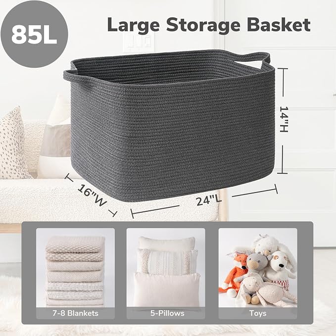 Goodpick 85L Large Woven Rope Blanket Basket, Rectangle, Dark Gray | 23.6'' x 15.7'' x 13.8'' Storage Basket for Blankets, Clothes, Toys & Pillows, Living Room, Bedroom & Nursery Organization - Image 3