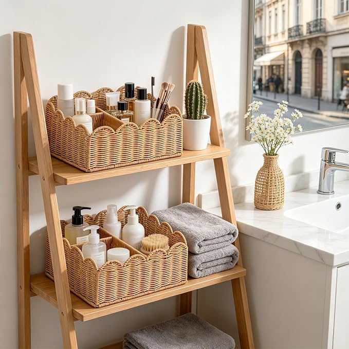 Rattan Divided Scalloped Basket,Wicker Diaper Caddy Scalloped Baske,Woven Natural Basket with 4 Dividers,Suitable for Baby Rooms, Bathrooms, Bedrooms (Imitation Rattan) - Image 4