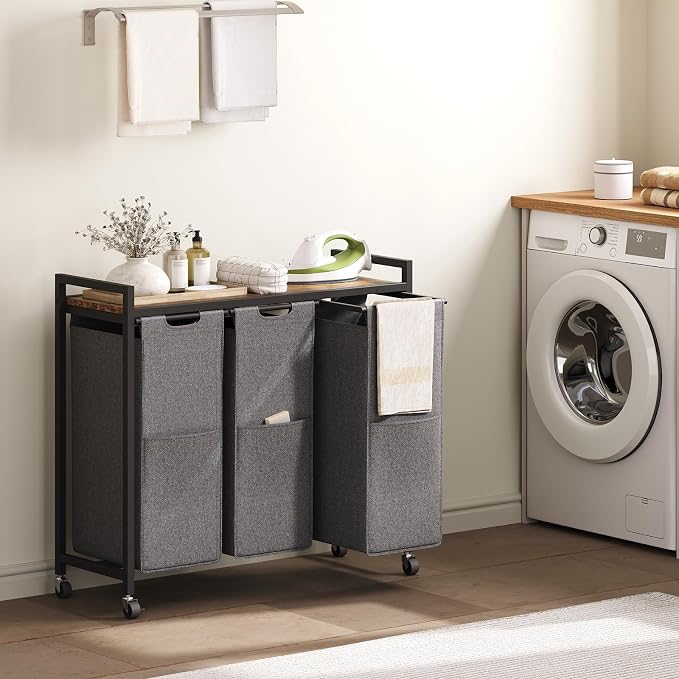 HOOBRO Laundry Sorter 3 Section, Laundry Hamper with Wheels, 3 × 11.5 Gal (43.4L), Rolling Laundry Basket, Pull-Out and Removable Oxford Fabric Laundry Bags, Rustic Brown and Grey BFG76XY01 - Image 2