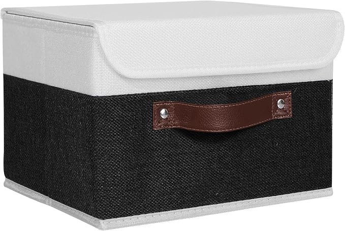 ANMINY Fabric Storage Box Bins with Lids, Black White, 10"x8"x7" | Keepsake Memory Storage, Cotton Linen, PP Board Reinforced, Washable, PU Handles, Foldable & Stackable, Decorative, Small by ANMINY