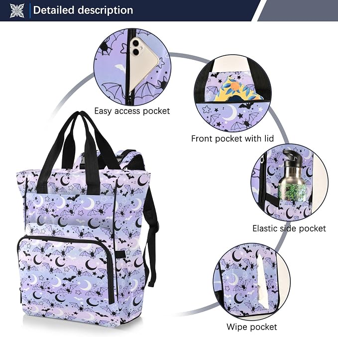 Mnsruu Diaper Bag Bat Moon Starry Sky Purple Large Changing Backpack Multifunction Travel Tote Mommy Bag Baby Diaper Backpack for Mom Dad - Image 2
