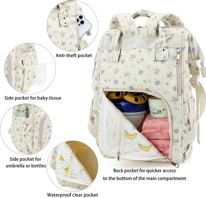 Corduroy Diaper Bag Backpack for Baby Girls Boys, Women Large Nappy Bags for Mom (Beige Corduroy Flowers Blue) - Image 4