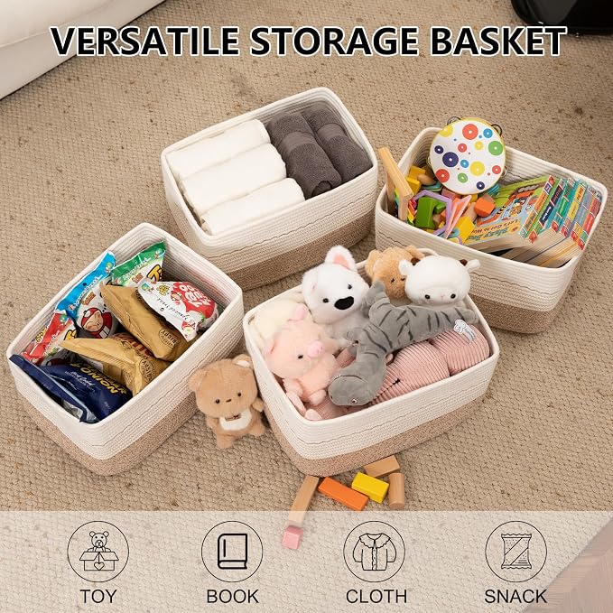 OIASKET 4 Pack Storage Baskets for Organizing, 15.75''x11.8''x7.87'', Decorative Cotton Rope Baskets for Shelves, Small Woven Basket for Toys, Books and Towels, Brown&White - Image 2