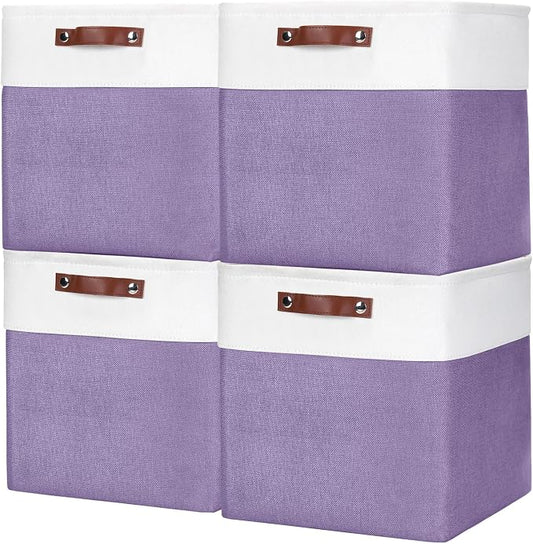 13x13 Cube Storage Bins, Collapsible Fabric Storage Box, 4 Pack Closet Baskets with Handles for Organizing, Shelf, Toys, Clothes, Home, Office, Nursery (Purple&White) by Bagnizer