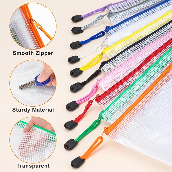 24Pcs A3 Mesh Zipper Pouch File Bags, 16.7x12.7 Inch, 8 Colors | Reusable Large Storage Bags for Classroom, Organizing, Home, School, Office, Travel, Crafts - Image 4