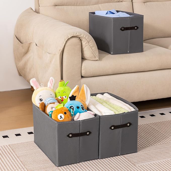 1 Pack Large Collapsible Storage Baskets for Shelves,14.9"x9.5" Fabric Closet storage Boxes with Leather Handles,Decorative Organizers Storage Bins for Clothes,Sheets,Toys,Books,(Gray) - Image 4