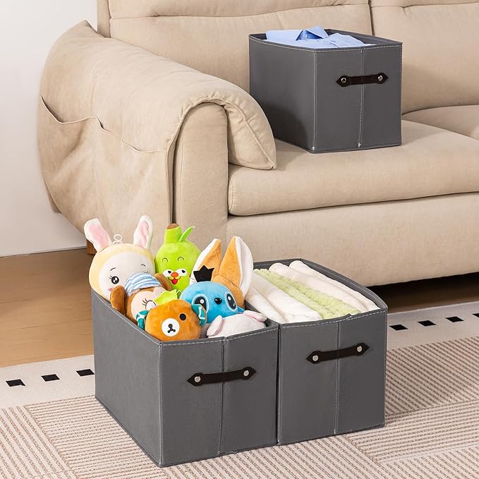 3 Pack Large Collapsible Storage Baskets for Shelves,14.9"x9.5" Fabric Closet storage Boxes with Leather Handles,Decorative Organizers Storage Bins for Clothes,Sheets,Toys,Books,(Gray) - Image 4