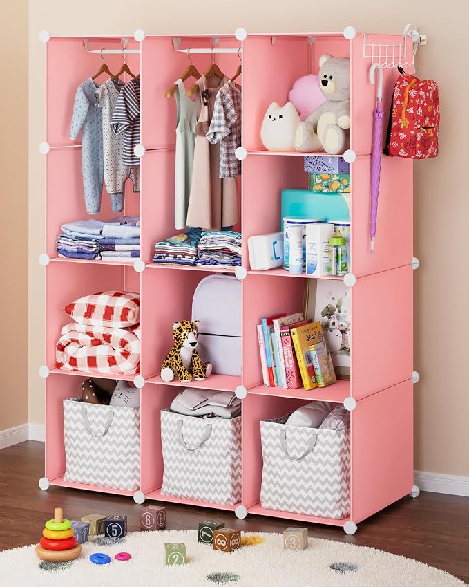 Baby Closet Organizer for Nursery - Durable Baby Wardrobe Armoire for Closet - Customizable Dresser Shelves - Waterproof Shelf Clothes Organizer w/Wall Fixation (Pink) by CUBEDIY