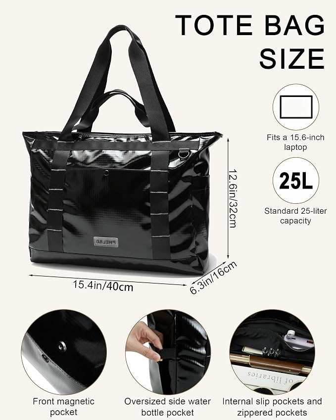 FHELAD Extra Large Glossy Tote Bag for Women, Beach Shoulder Bag 25L | Waterproof Sandproof, 15.6" Laptop Compartment, Luggage Strap, Work, Travel - Image 2