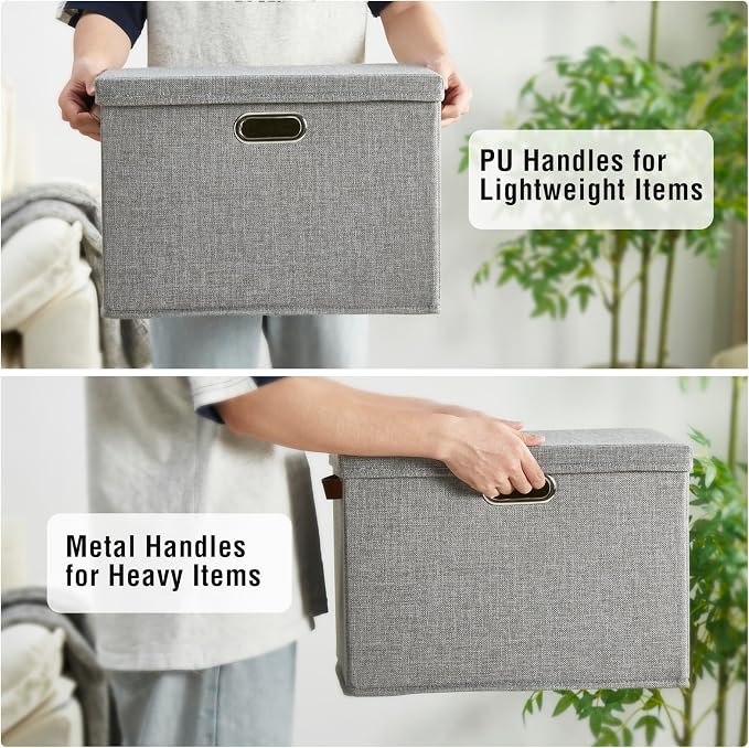 17" Large Fabric Storage Box with Lids, 3-Pack, Gray | Stackable, Foldable, 2 PU Handles and 2 Metal Handles, Decorative Fabric, For Home, Bedroom, Closet, Office, Nursery - Image 3