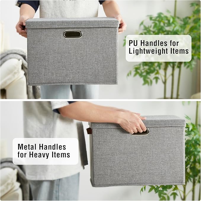 15" Fabric Storage Box with Lids, 3-Pack, Gray | Stackable, Foldable, 2 PU Handles and 2 Metal Handles, Decorative Fabric, For Home, Bedroom, Closet, Office, Nursery - Image 4