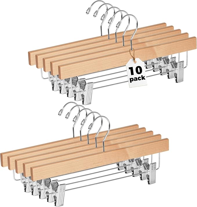 Quality Hangers Wooden Pants Hangers - 10-Pack Swivel Hook Cloth Hanger Set - Lotus Wood Skirt, Pant, Shorts and Slack Hangers with Adjustable Clip - Natural Clothing Hanger Set in 6 Modern Colors by QualityHangers