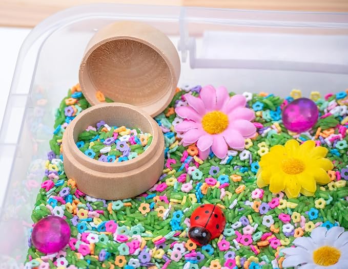 Spring Flower Sensory Bin Kit for Kids | Green Rice, Felt Bees, Wooden Eggs & Ladybugs, Floral Accessories & Wooden Tools – Includes Clear Storage Bin - Image 5