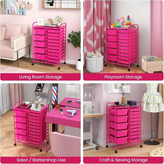 15 Drawer Rolling Storage Cart, Rolling Cart with Drawers for Classroom, Art Supply Craft Organizer on Wheel with Metal Frame & Handles for Home Office School - Image 7