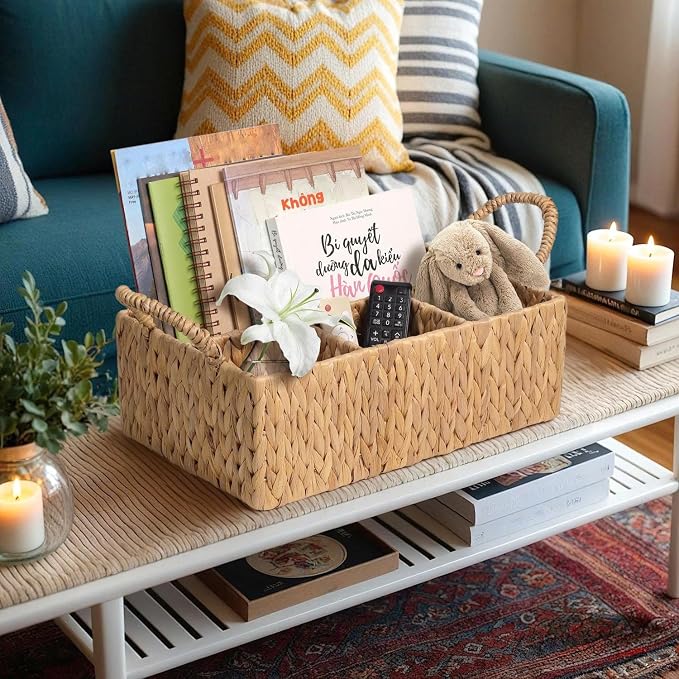 Divided Baskets with Handles, Storage Basket Natural for Organizing Bathroom Kitchen Shelves Office Supplies Organization, Wicker Storage Baskets 4 Section (1, Light Brown) - Image 4