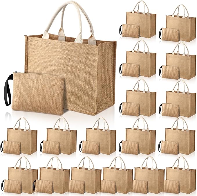 Silkfly Burlap Tote Bags Bulk with Handle Reusable Jute Gift Tote Bags and Makeup Bag for Women Bridesmaid, Wedding by Silkfly