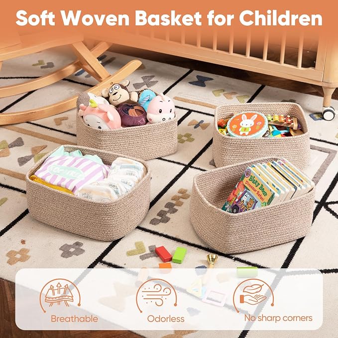 OIAHOMY 4 Pack 14.17 * 11.02 * 6.3IN Storage Baskets for Organizing Shelves, Woven Rope Baskets for Organizing Books, Clothes, Decorative Basket for Living Room, Nursery, Bedroom, Gift Basket, Brown - Image 4