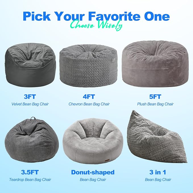 Hobestluk Adult Bean Bag Chair 3 in 1 Convertible Large Bean Bag Sofa | Chevron Plush Grey,Machine Washable,Removable Cover,Easy Convert And Install,Floor Bed,For Livingroom Bedroom - Image 8