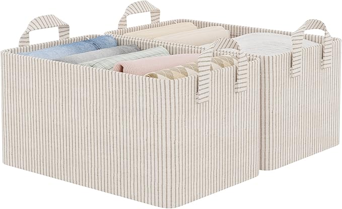 StorageWorks Storage Bins, Fabric Storage Bins for Shelves, Storage Baskets with Metal Frame, Closet Baskets and Bins with Handles, Khaki and Beige Stripes, 2-Pack by StorageWorks