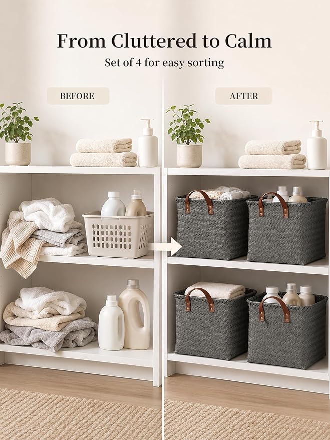Wicker Storage Baskets, 4 Pack Woven Baskets for Shelves, Grey | PP Rattan, Water-resistant Wicker Basket, Large Baskets with Faux Leather Handles for Blanket, Laundry Organizer, Room Decor - Image 4